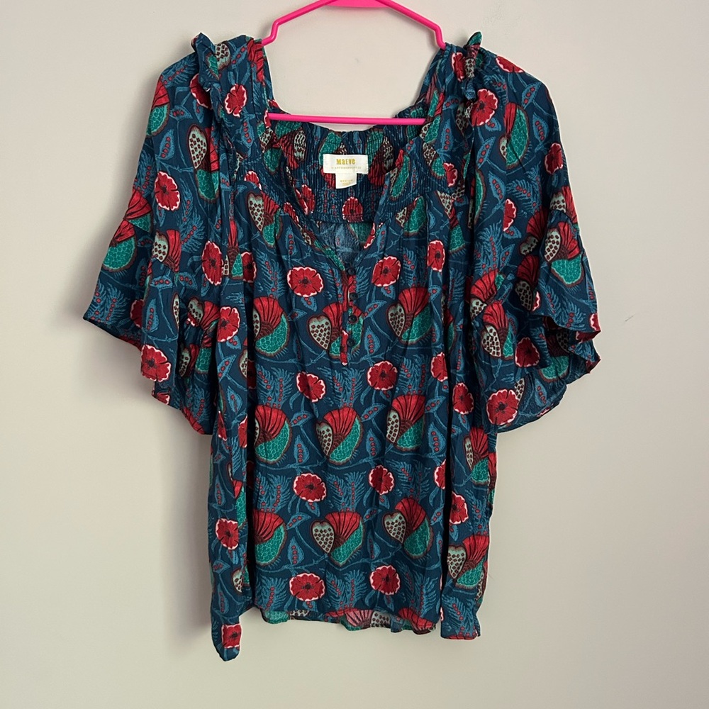Anthropologie Blue and Red Floral Blouse